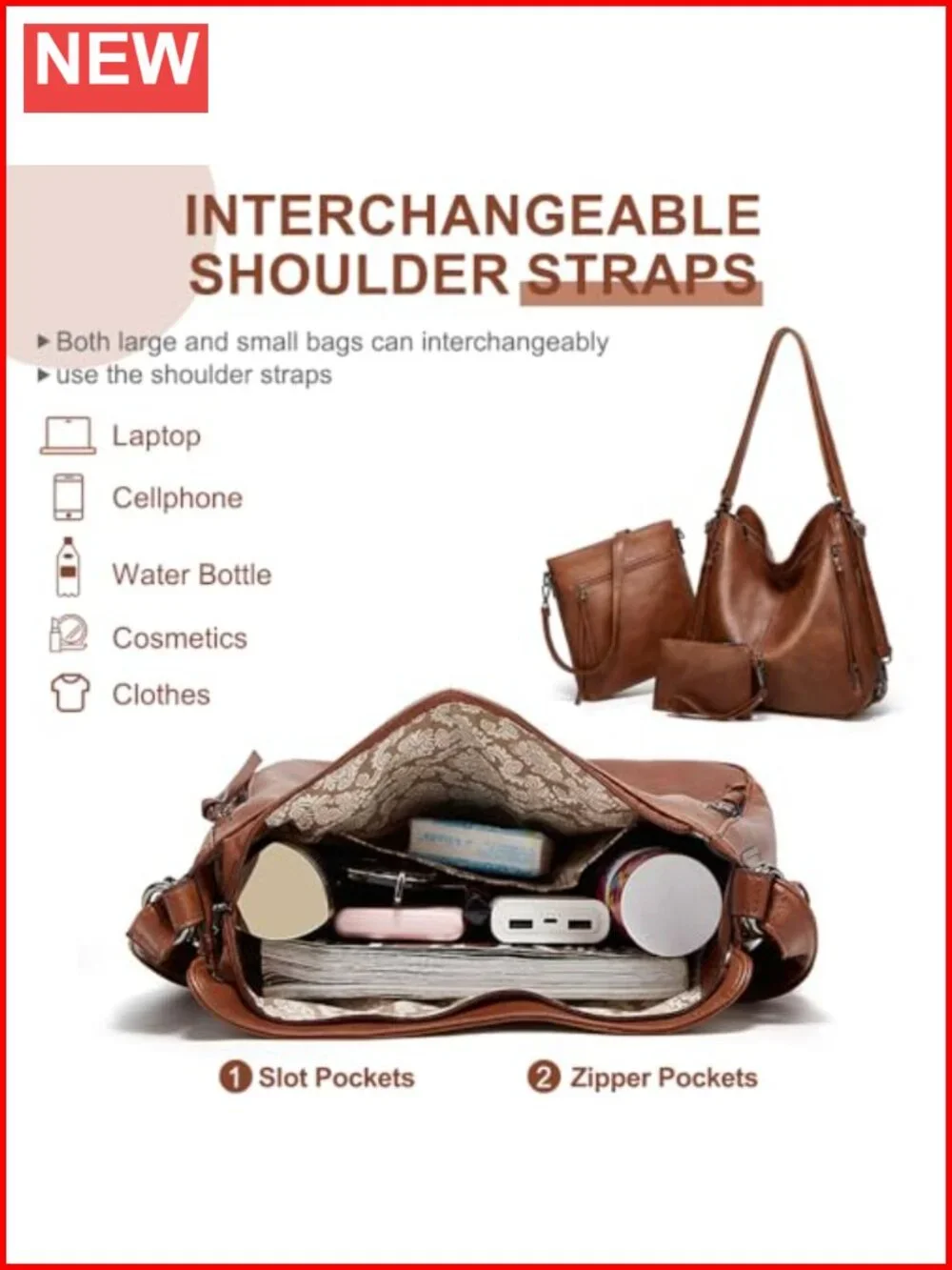 3pcs PU Leather Hobo Crossbody Bag Set Women Convertible Backpack Shoulder